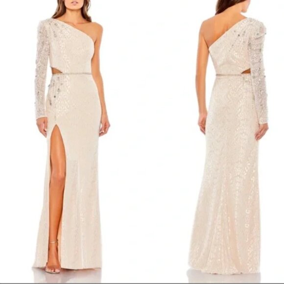 MAC DUGGAL 11306 EMBELLISHED ONE SLEEVE CUTOUT IVORY GOWN sz 6 - Picture 4 of 5